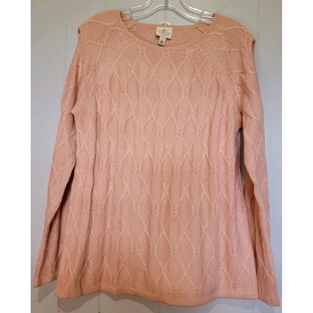 St Johns Bay Womens Peach Pink Cold Shoulder Cable Knit Sweater Large L Raglan